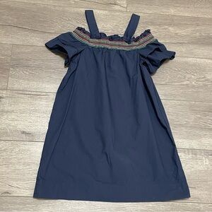 Crewcuts Off-Shoulder Smocked Navy Dress Rainbow Ruffled Cotton Size 7.